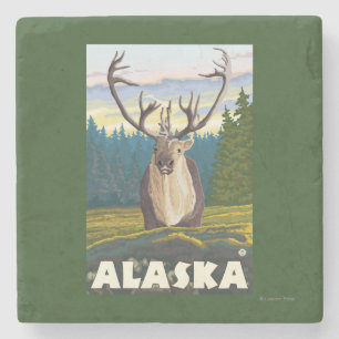 AlaskaCaribou in the Wild Vintage Travel Stone Coaster