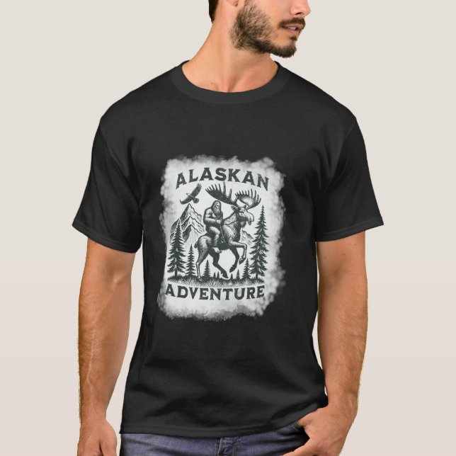 Alaskan Adventure Bigfoot Riding Moose Funny Outdo T-Shirt (Front)