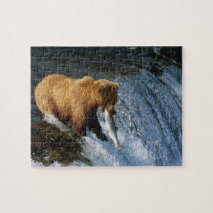 Alaskan Brown Bear Catching Salmon at Brooks Jigsaw Puzzle
