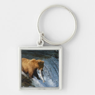 Alaskan Brown Bear Catching Salmon at Brooks Key Ring