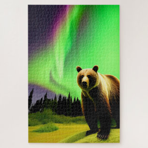 Alaskan Grizzly Bear and Green Aurora Borealis Jigsaw Puzzle