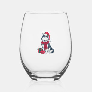 Alaskan Husky Dog Christmas Parties Holiday Santa Stemless Wine Glass