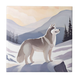 Alaskan Husky Dog Mountain Watercolor Ceramic Tile
