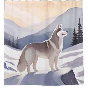 Alaskan Husky Dog Mountain Watercolor Shower Curtain