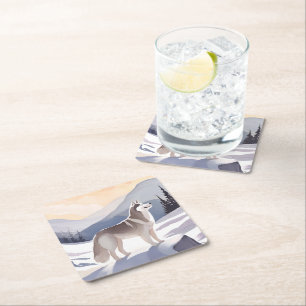 Alaskan Husky Dog Mountain Watercolor Square Paper Coaster