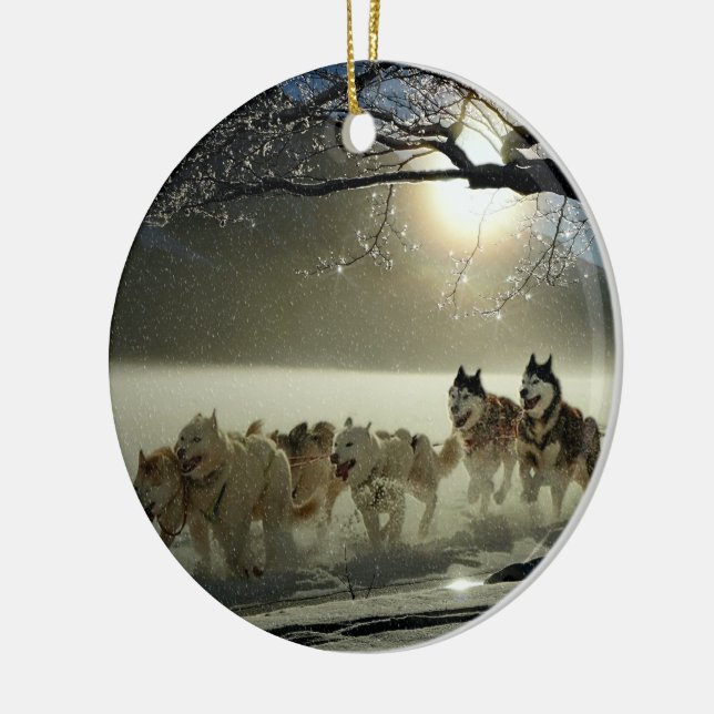 Alaskan Husky Dog Sled Race Ceramic Tree Decoration (Left)