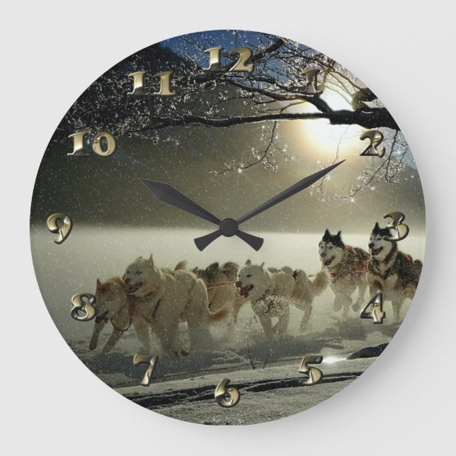 Alaskan Husky Dog Sled Race Large Clock (Front)