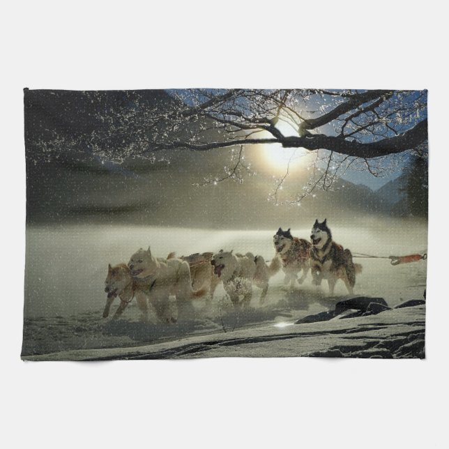 Alaskan Husky Dog Sled Race Tea Towel (Horizontal)