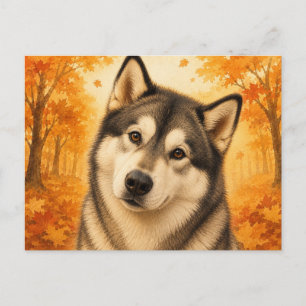 Alaskan Malamute Autumn Forest Dog Postcard