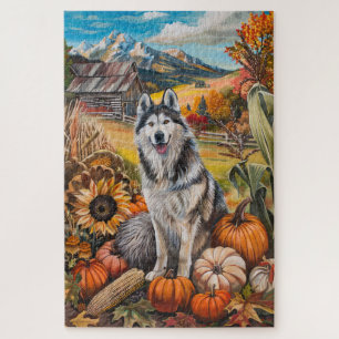 Alaskan Malamute Autumn Harvest Thanksgiving Dog  Jigsaw Puzzle