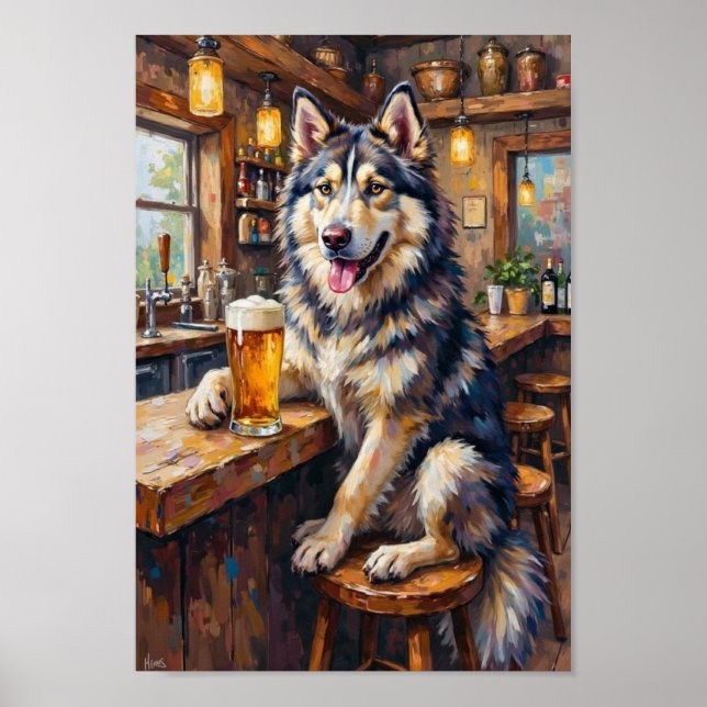 Alaskan Malamute Bar Art, Funny Drinking Dog Art Poster (Front)
