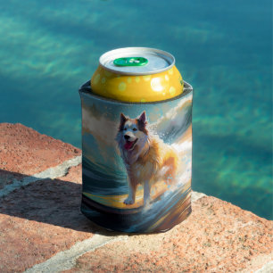 Alaskan Malamute Beach Surfing Painting  Can Cooler