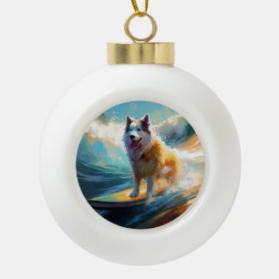 Alaskan Malamute Beach Surfing Painting  Ceramic Ball Christmas Ornament
