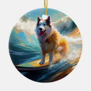 Alaskan Malamute Beach Surfing Painting  Ceramic Ornament