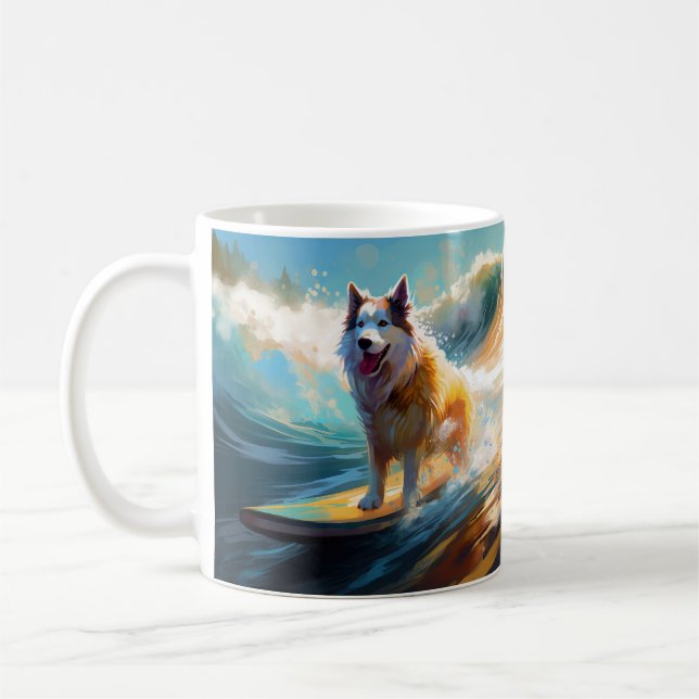 Alaskan Malamute Beach Surfing Painting  Coffee Mug (Left)
