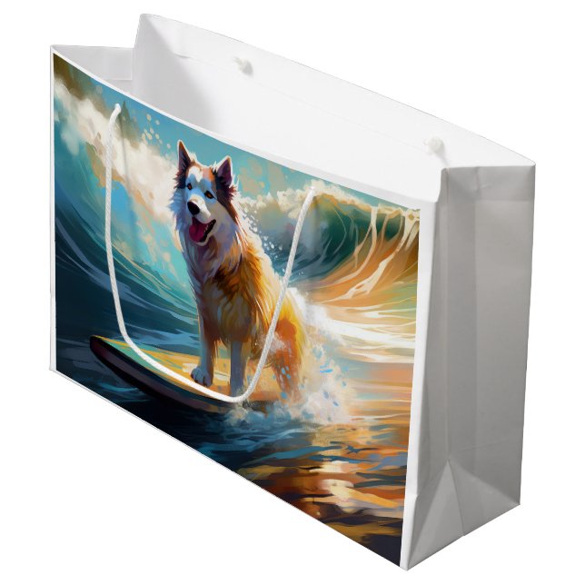 Alaskan Malamute Beach Surfing Painting  Large Gift Bag (Front Angled)