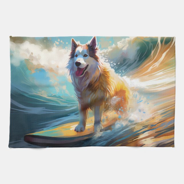 Alaskan Malamute Beach Surfing Painting  Tea Towel (Horizontal)