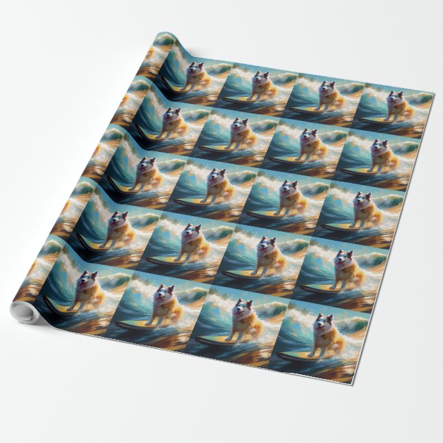 Alaskan Malamute Beach Surfing Painting  Wrapping Paper (Unrolled)