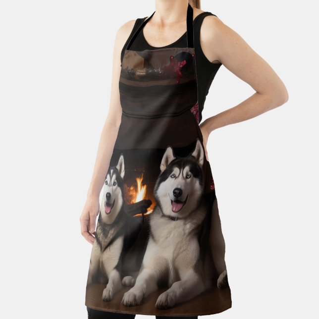 Alaskan Malamute by the Fireplace Christmas Apron (Insitu)