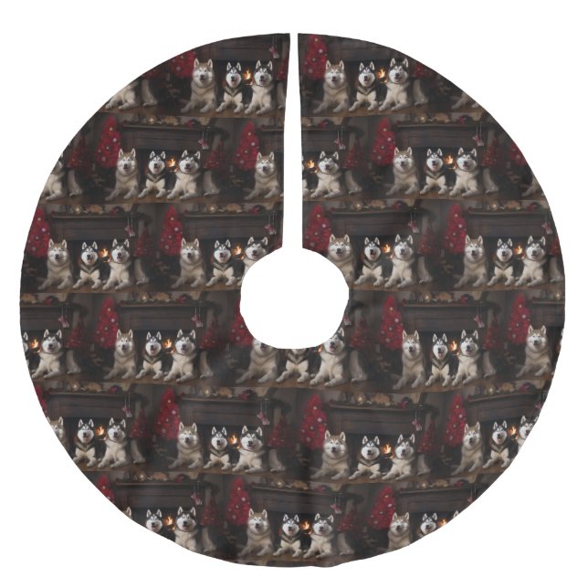 Alaskan Malamute by the Fireplace Christmas Brushed Polyester Tree Skirt (Front)