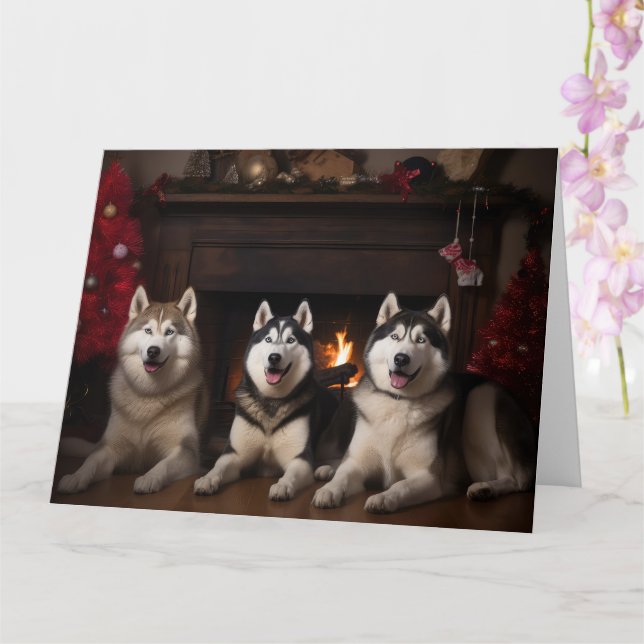 Alaskan Malamute by the Fireplace Christmas Card (Orchid)
