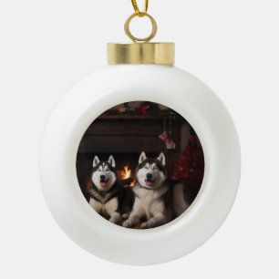 Alaskan Malamute by the Fireplace Christmas Ceramic Ball Christmas Ornament