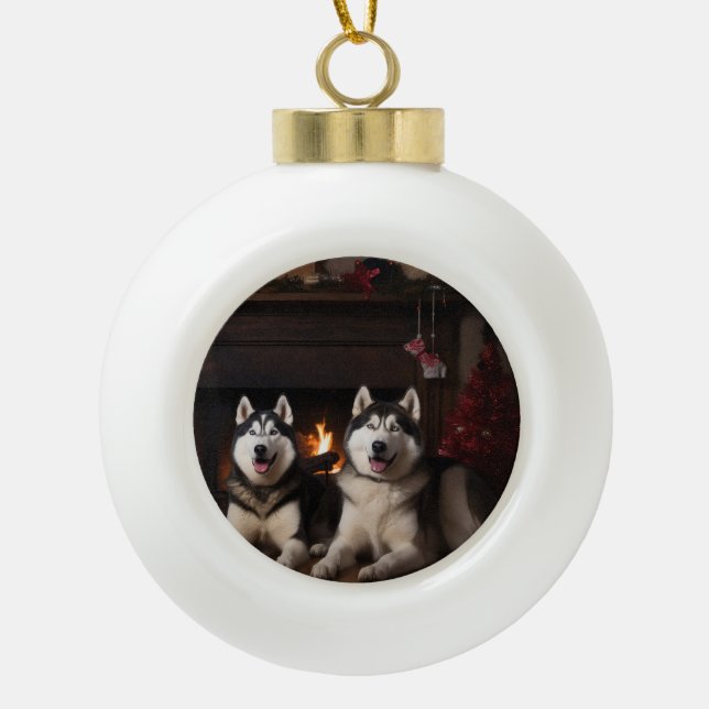 Alaskan Malamute by the Fireplace Christmas Ceramic Ball Christmas Ornament (Front)
