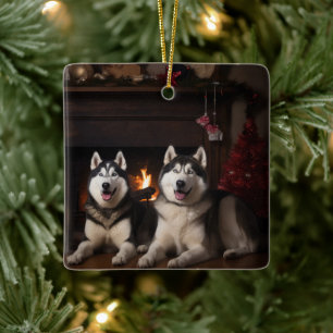Alaskan Malamute by the Fireplace Christmas Ceramic Ornament