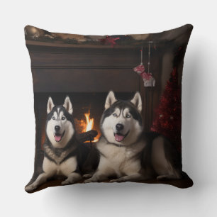 Alaskan Malamute by the Fireplace Christmas Cushion