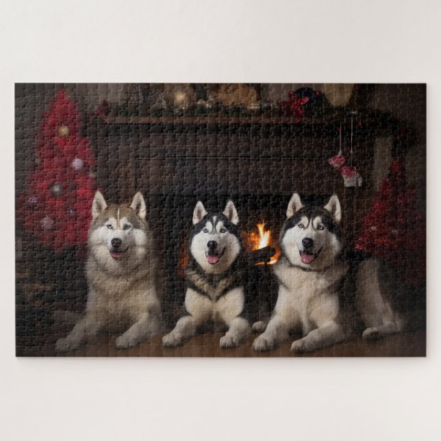 Alaskan Malamute by the Fireplace Christmas Jigsaw Puzzle (Horizontal)
