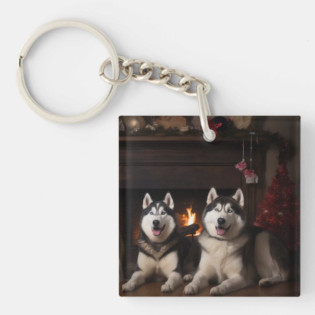 Alaskan Malamute by the Fireplace Christmas Key Ring (Front)