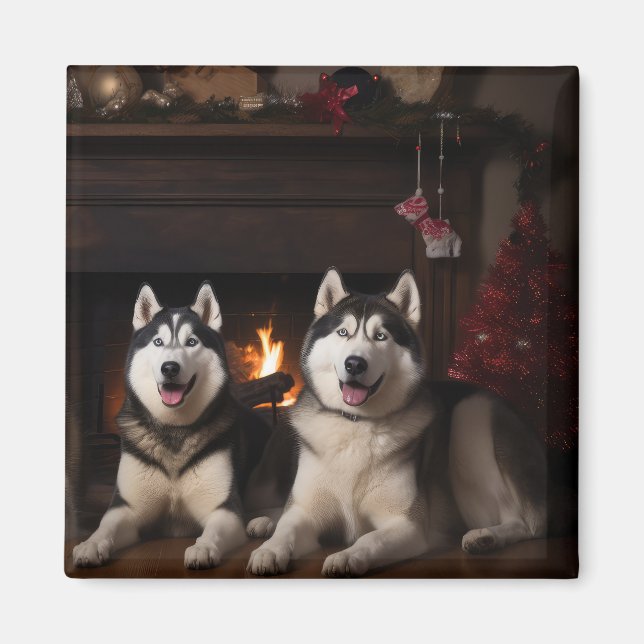 Alaskan Malamute by the Fireplace Christmas Magnet (Front)