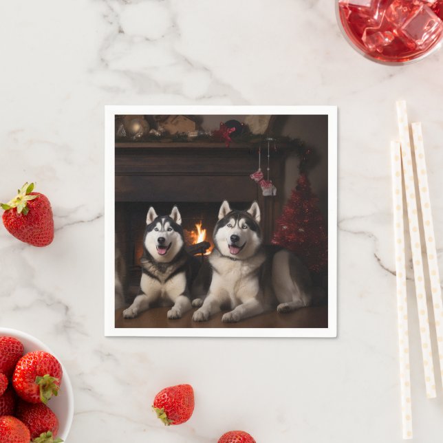 Alaskan Malamute by the Fireplace Christmas Napkin (Insitu)