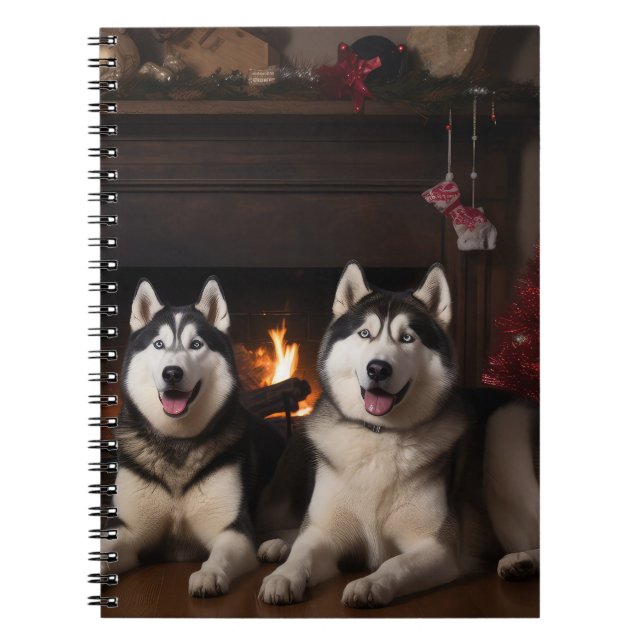 Alaskan Malamute by the Fireplace Christmas Notebook (Front)