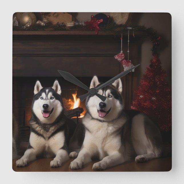 Alaskan Malamute by the Fireplace Christmas Square Wall Clock (Front)