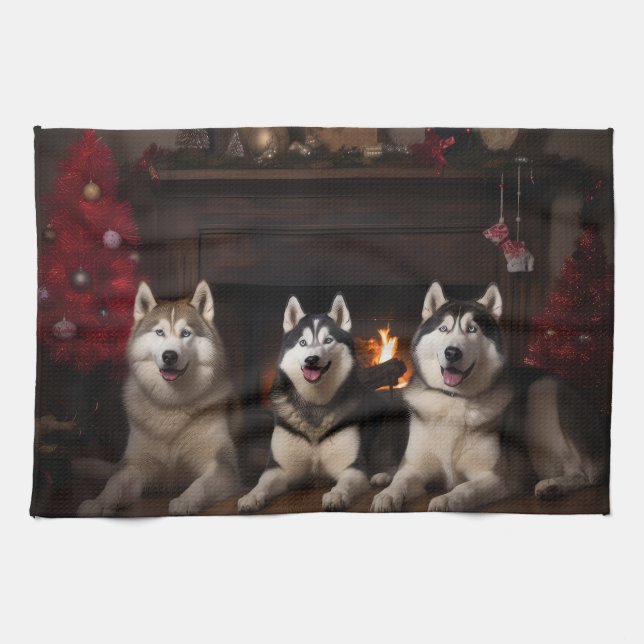 Alaskan Malamute by the Fireplace Christmas Tea Towel (Horizontal)