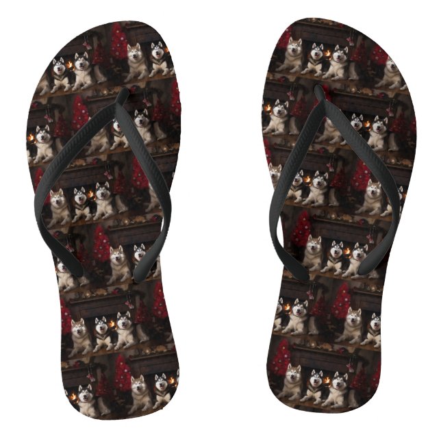 Alaskan Malamute by the Fireplace Christmas Thongs (Footbed)