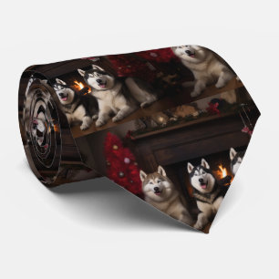 Alaskan Malamute by the Fireplace Christmas Tie