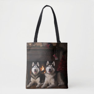 Alaskan Malamute by the Fireplace Christmas Tote Bag
