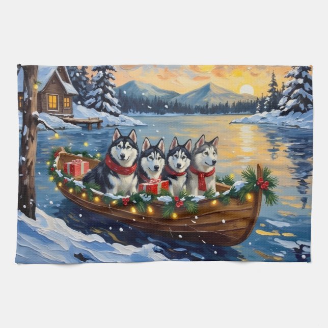 Alaskan Malamute Christmas Boat Holiday Tea Towel (Horizontal)