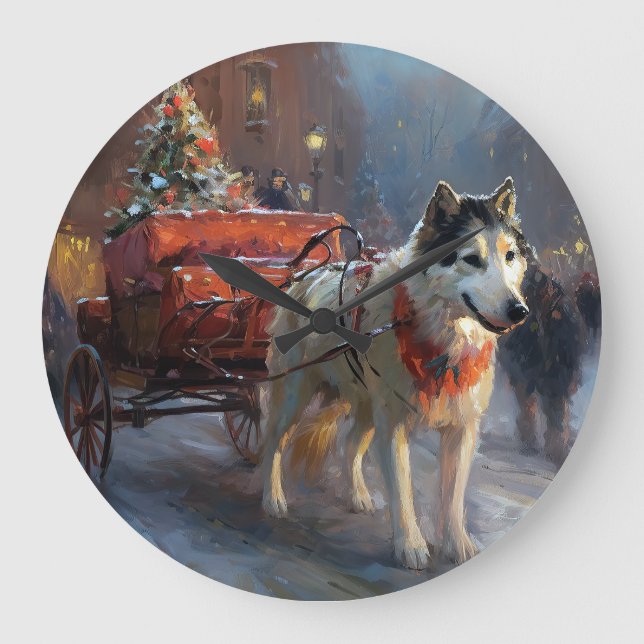 Alaskan Malamute Christmas Festive Season Large Clock (Front)