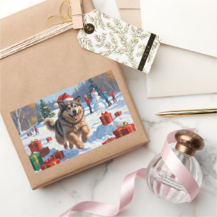 Alaskan Malamute Christmas Festive Snow Scene Rectangular Sticker