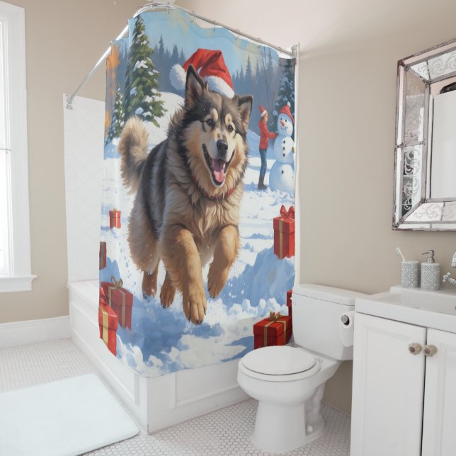 Alaskan Malamute Christmas Festive Snow Scene Shower Curtain (In Situ)