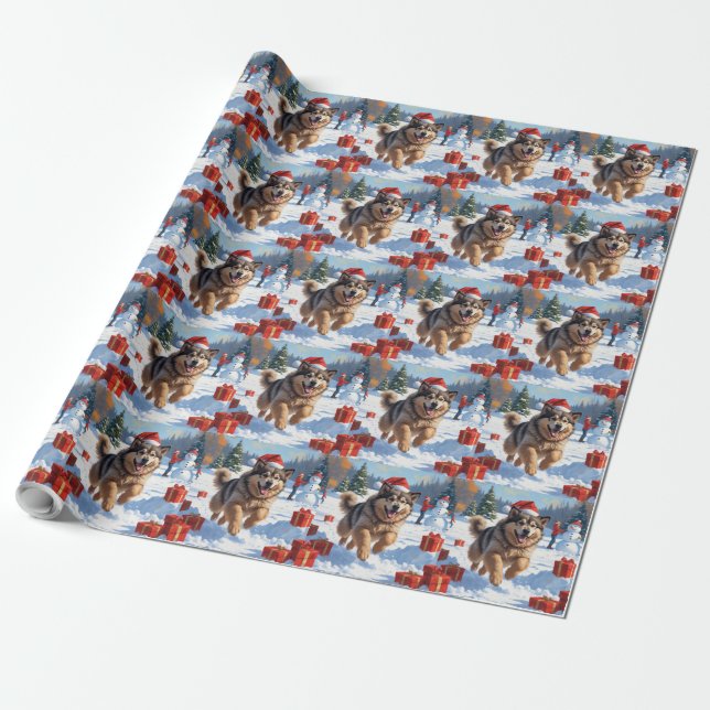 Alaskan Malamute Christmas Festive Snow Scene Wrapping Paper (Unrolled)