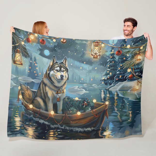 Alaskan Malamute Christmas Festive Voyage Fleece Blanket (In Situ)