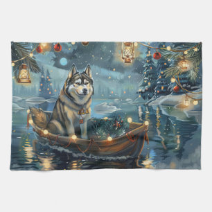Alaskan Malamute Christmas Festive Voyage Tea Towel