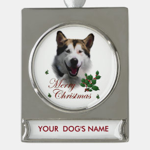 Alaskan Malamute Christmas Personalised Silver Plated Banner Ornament