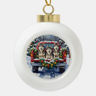 Alaskan Malamute Christmas Red Truck Holiday Ceramic Ball Christmas Ornament