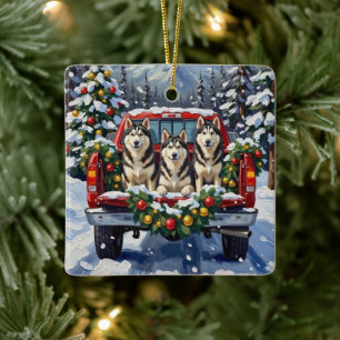 Alaskan Malamute Christmas Red Truck Holiday Ceramic Ornament