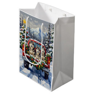 Alaskan Malamute Christmas Red Truck Holiday Medium Gift Bag